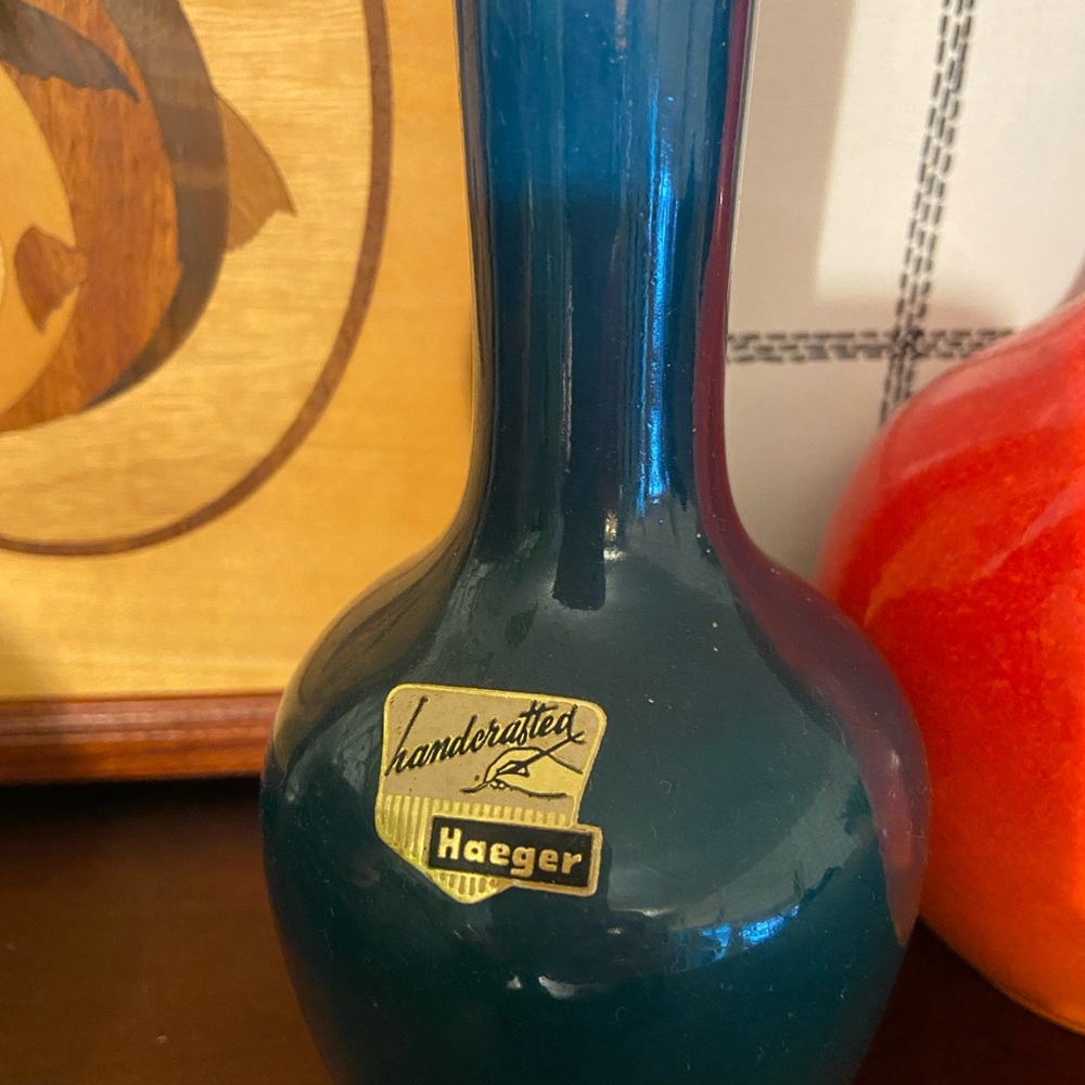 Vintage Haeger Mid Century Modern vases. Pair Atomic Orange and Blue - Picture 2 of 5